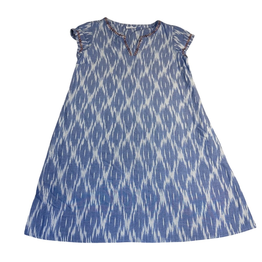 Pure Jill Blue White‎ Ikat Embroidered Split Neck Shift Dress S Petite